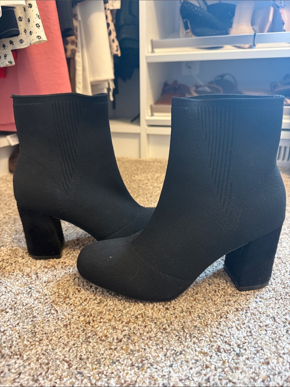 Black Knit Ankle Boots with Block Heel